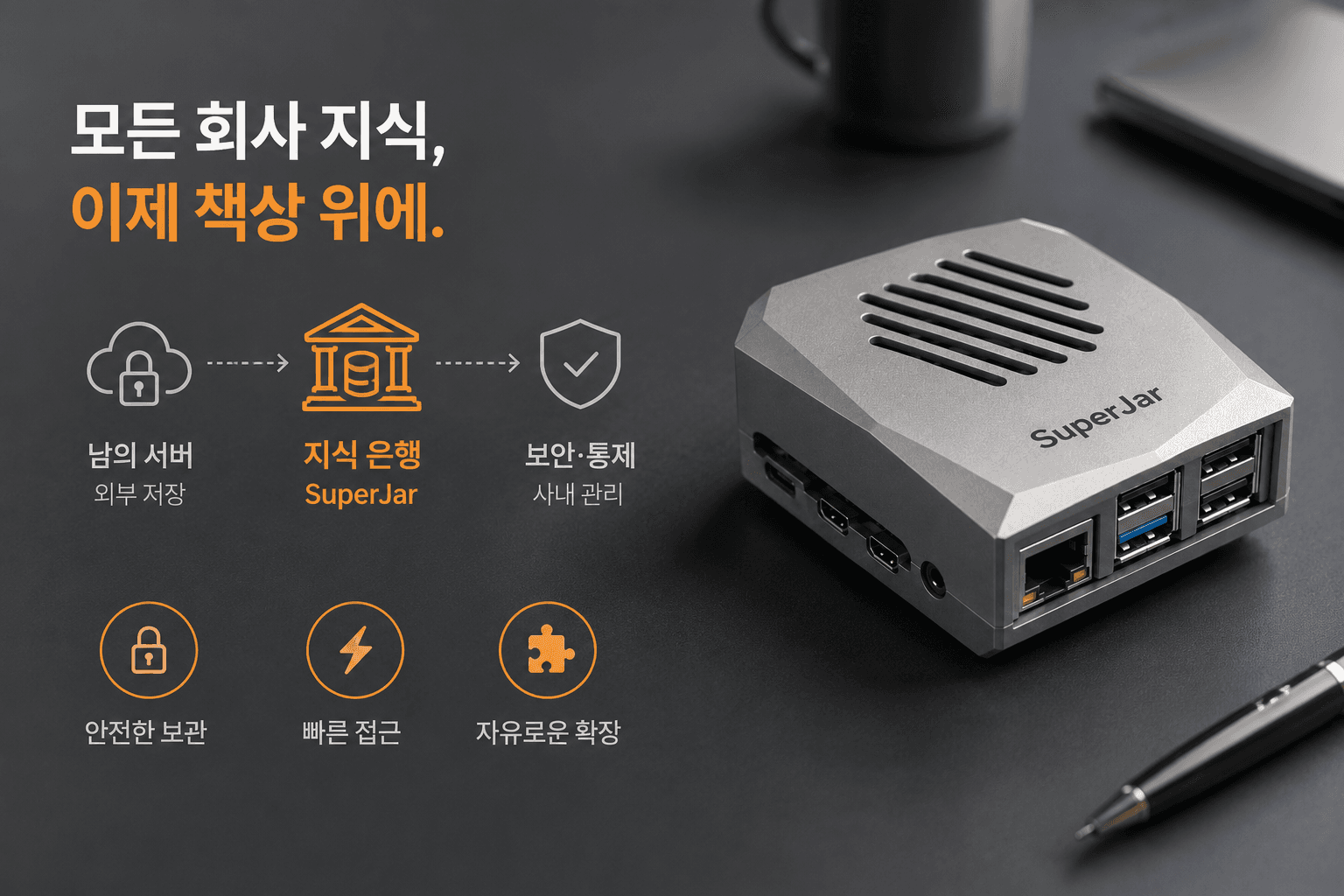 남의 서버 대신 책상 위 SuperJar 지식 은행에 회사 지식을 보관하고 사내에서 보안·통제하는 개념도